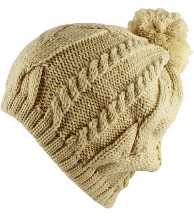 Skullies & Beanies Thick Crochet Knit Slouchy Pom Pom Beanie Winter Ski Hat - Beige Regular - CN127C7FX57 $12.04