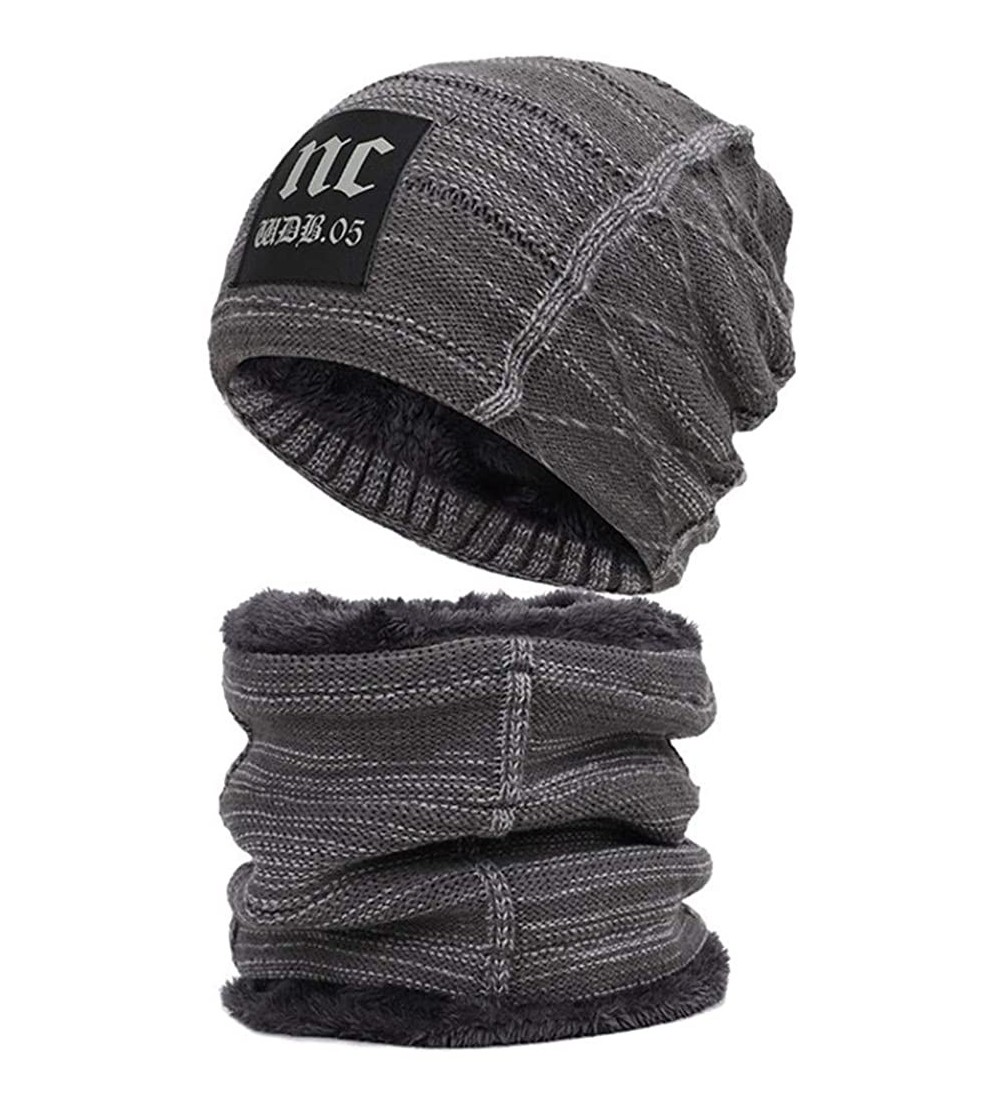 Skullies & Beanies Hat Scarf Set Winter Beanie Warm Knit Hat Fleece Lined Scarf Warm Winter Hat for Men & Women - Gray 2 - CN...