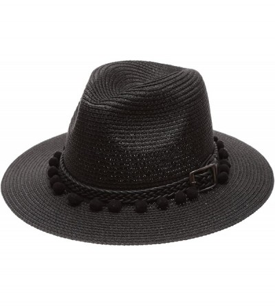 Sun Hats Women's Summer Panama Style Mid Brim Beach Sun Straw Hat with Pom Pom Belt Band. - Black - C617YI4HEH0 $13.63