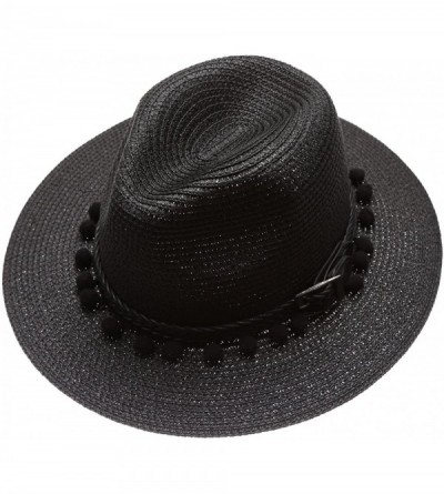 Sun Hats Women's Summer Panama Style Mid Brim Beach Sun Straw Hat with Pom Pom Belt Band. - Black - C617YI4HEH0 $13.63