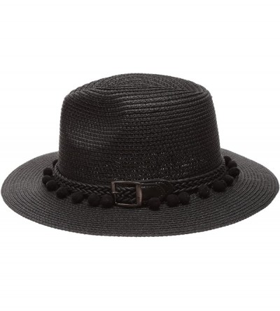 Sun Hats Women's Summer Panama Style Mid Brim Beach Sun Straw Hat with Pom Pom Belt Band. - Black - C617YI4HEH0 $13.63