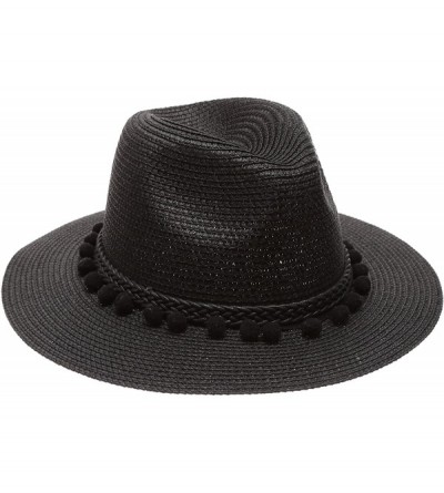 Sun Hats Women's Summer Panama Style Mid Brim Beach Sun Straw Hat with Pom Pom Belt Band. - Black - C617YI4HEH0 $13.63