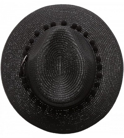 Sun Hats Women's Summer Panama Style Mid Brim Beach Sun Straw Hat with Pom Pom Belt Band. - Black - C617YI4HEH0 $13.63
