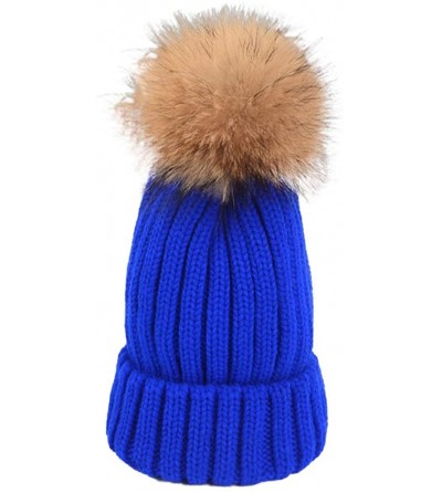 Skullies & Beanies Winter Knitted Beanie Hat Soft Warm Wool Hat with Removable Faux Fur Pom Pom - Blue - C518IHCNHZI $26.35
