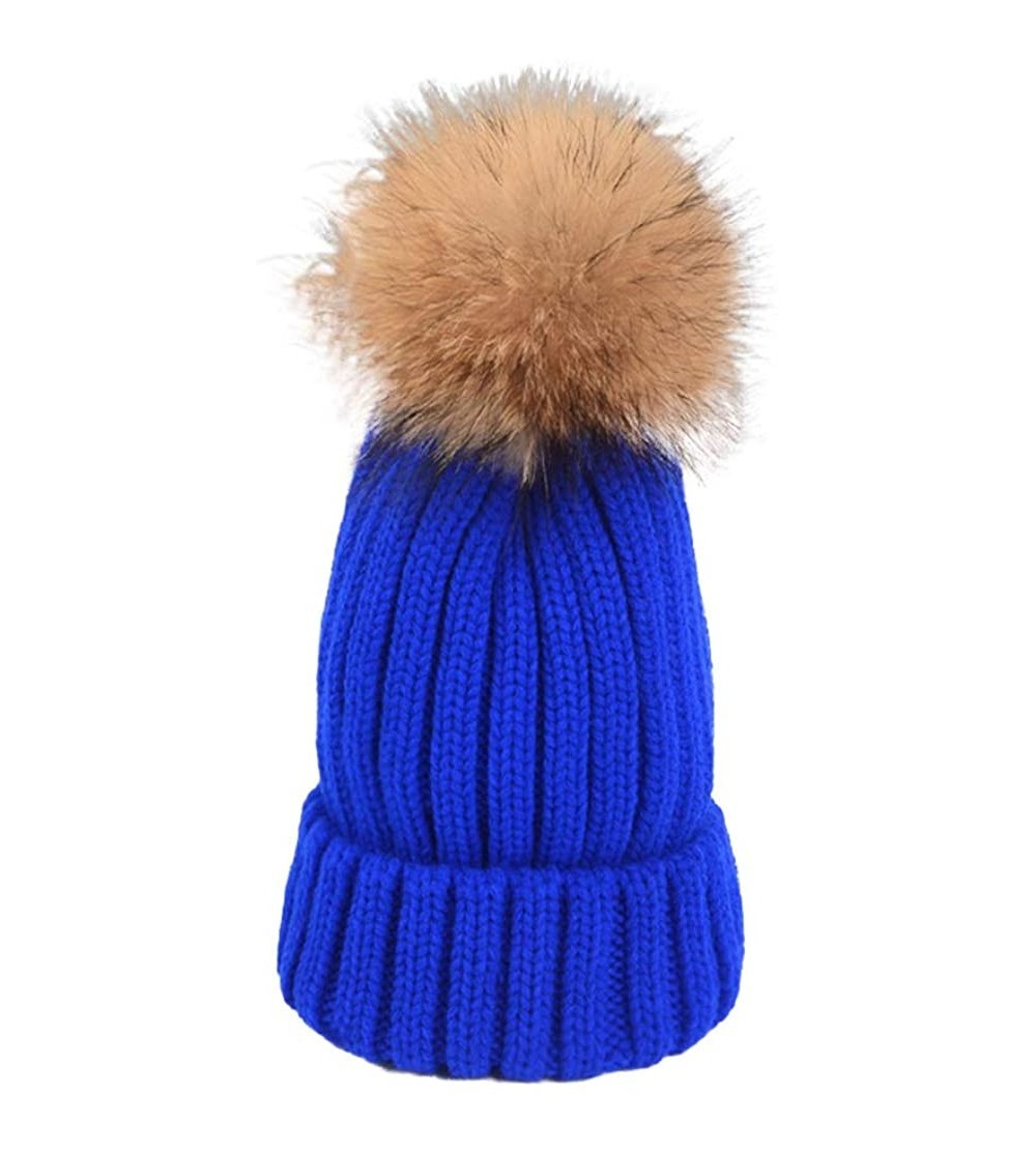 Skullies & Beanies Winter Knitted Beanie Hat Soft Warm Wool Hat with Removable Faux Fur Pom Pom - Blue - C518IHCNHZI $15.50