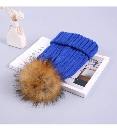 Skullies & Beanies Winter Knitted Beanie Hat Soft Warm Wool Hat with Removable Faux Fur Pom Pom - Blue - C518IHCNHZI $15.50