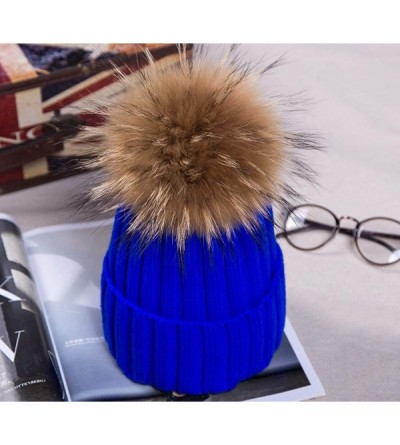 Skullies & Beanies Winter Knitted Beanie Hat Soft Warm Wool Hat with Removable Faux Fur Pom Pom - Blue - C518IHCNHZI $15.50