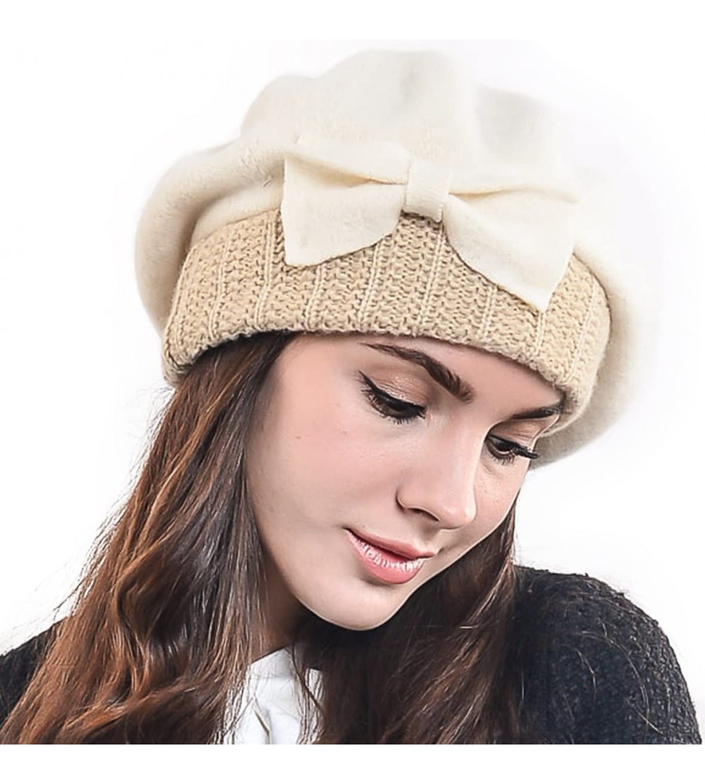 Berets Lady French Beret Wool Beret Chic Beanie Winter Hat Jf-br034 - Bow Cream - CJ12KXI0A0J $37.41