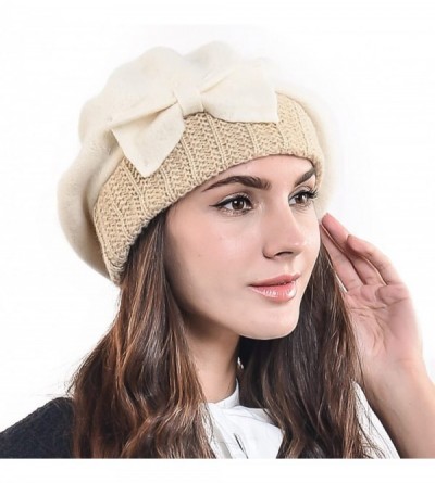 Berets Lady French Beret Wool Beret Chic Beanie Winter Hat Jf-br034 - Bow Cream - CJ12KXI0A0J $22.27