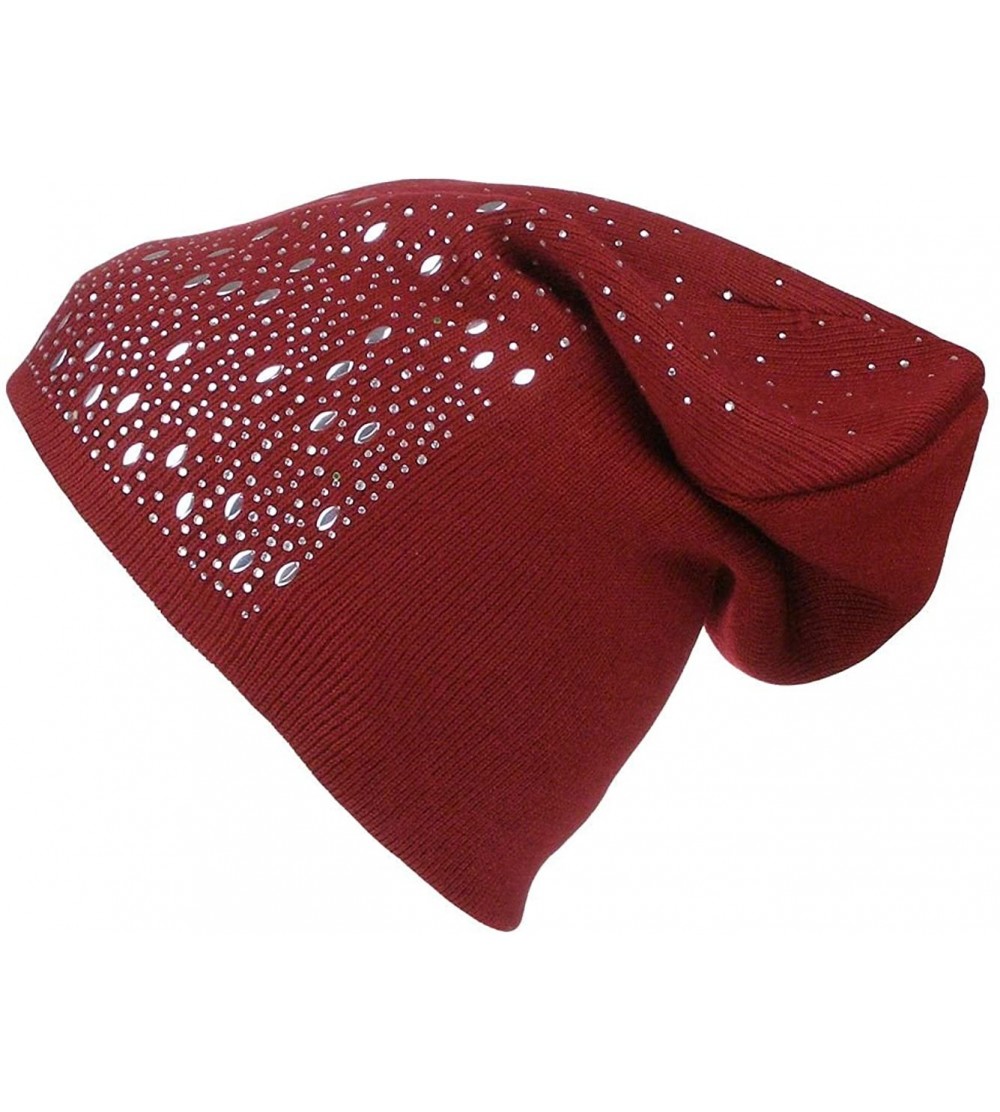 Skullies & Beanies Double Layer Scattered Crystals/Studs Knit Winter Slouchy Beanie Skull Hat Cap - Red - CA12887NX57 $9.74