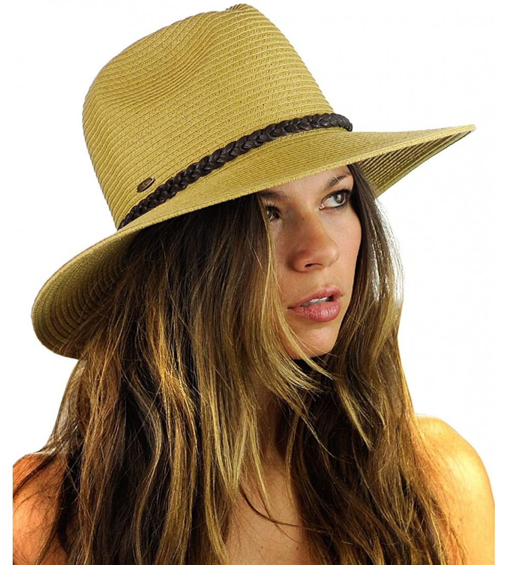 Fedoras Teardrop Dent Braided Trim Casual Panama Fedora Sun Hat - Dark Natural - CF12CAFX5I7 $19.41