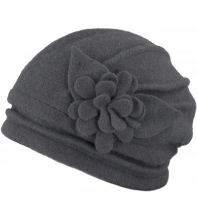 Bucket Hats Women's Elegant Flower Wool Cloche Bucket Slouch Hat - Gray - CG18KRE99NZ $60.40