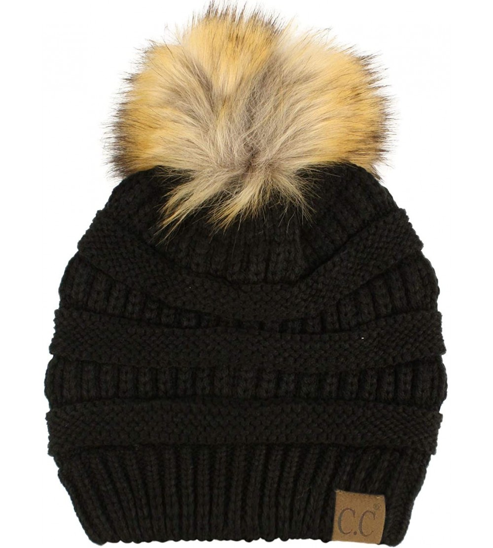 Skullies & Beanies Fur Pom Winter Fall Trendy Chunky Stretchy Cable Knit Beanie Hat - Solid Black - C818YAMIRT7 $14.10