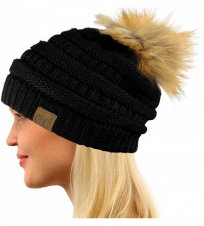Skullies & Beanies Fur Pom Winter Fall Trendy Chunky Stretchy Cable Knit Beanie Hat - Solid Black - C818YAMIRT7 $14.10