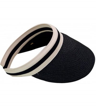 Visors Women's Wide Brim Roll-Up Visor Hat Outdoor Beach Clip-on Straw Hat Travel Sun Cap - Black - CU18DAXWYHU $19.05