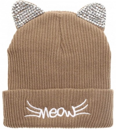 Skullies & Beanies Women's Soft Warm Embroidered Meow Cat Ears Knit Beanie Hat with Stone Embellished - Taupe - C118Y4RHQOR $...