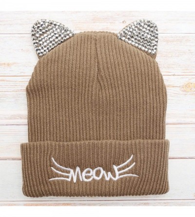 Skullies & Beanies Women's Soft Warm Embroidered Meow Cat Ears Knit Beanie Hat with Stone Embellished - Taupe - C118Y4RHQOR $...