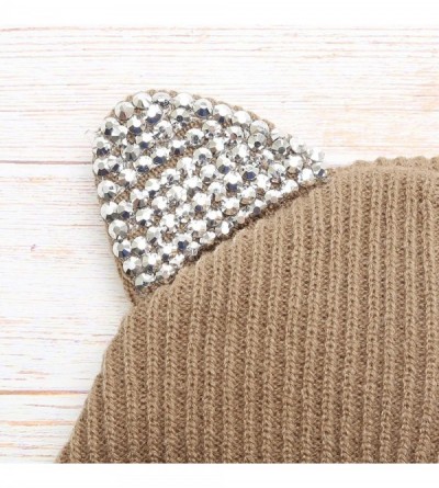 Skullies & Beanies Women's Soft Warm Embroidered Meow Cat Ears Knit Beanie Hat with Stone Embellished - Taupe - C118Y4RHQOR $...