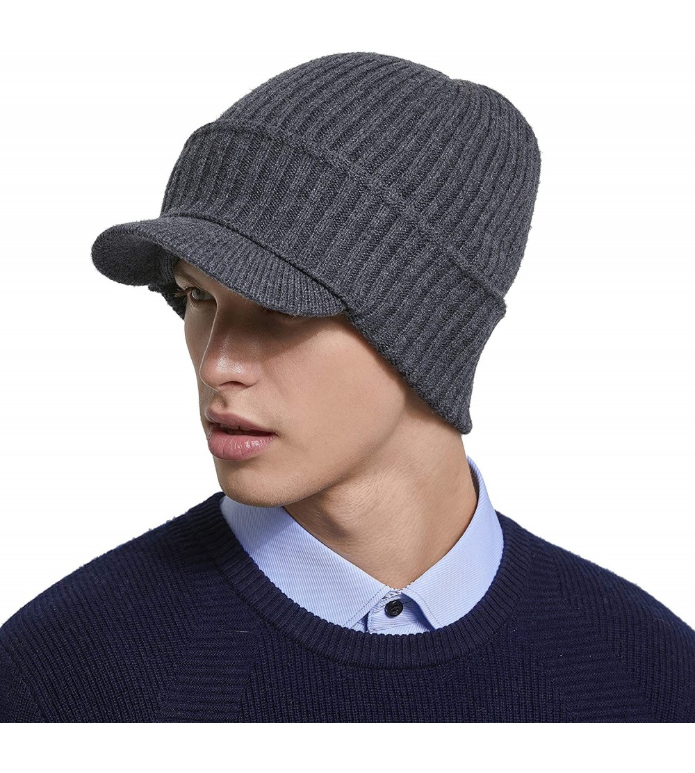 Skullies & Beanies Men's Soild 100% Australian Merino Wool Knit Visor Beanie Hat with Visor Warm Skull Caps Headwear - Grey -...