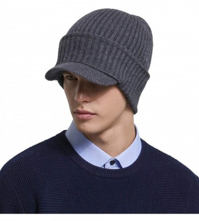 Skullies & Beanies Men's Soild 100% Australian Merino Wool Knit Visor Beanie Hat with Visor Warm Skull Caps Headwear - Grey -...