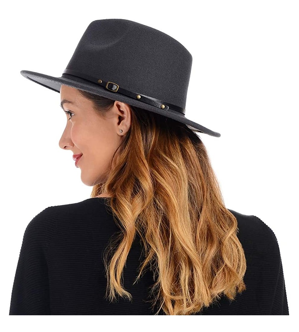 Fedoras Belt Buckle Fedoras Women Hat Wide Brim Trilby Jazz Hats Classic Mens Manhattan Hats - Dark-grey - C018AU54IAH $14.82