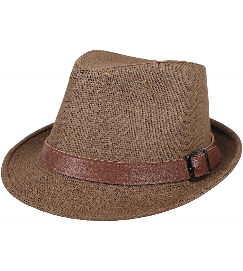 Fedoras Beach Straw Fedora Hat w/Solid Hat Band for Men & Women - Dk Brown Hat Brown Belt - CL17X6MCAKH $14.26