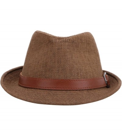 Fedoras Beach Straw Fedora Hat w/Solid Hat Band for Men & Women - Dk Brown Hat Brown Belt - CL17X6MCAKH $14.26