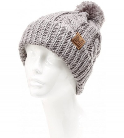 Skullies & Beanies Winter Oversized Cable Knitted Pom Pom Beanie Hat with Fleece Lining. - Grey - C3186MK6YCX $13.46