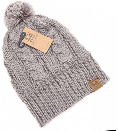Skullies & Beanies Winter Oversized Cable Knitted Pom Pom Beanie Hat with Fleece Lining. - Grey - C3186MK6YCX $13.46