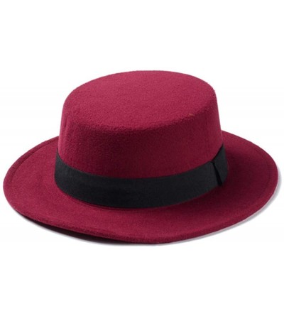 Fedoras Wool Pork Pie Boater Flat Top Hat Black for Women's Men's- Felt Wide Brim Fedora Gambler Hat - Maroon - CO18UELL8Q3 $...