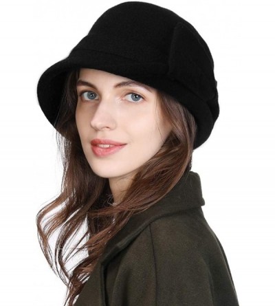 Bucket Hats Women Winter Wool Bucket Hat 1920s Vintage Cloche Bowler Hat with Bow/Flower Accent - 00767_black_36ol - CC18YCRC...