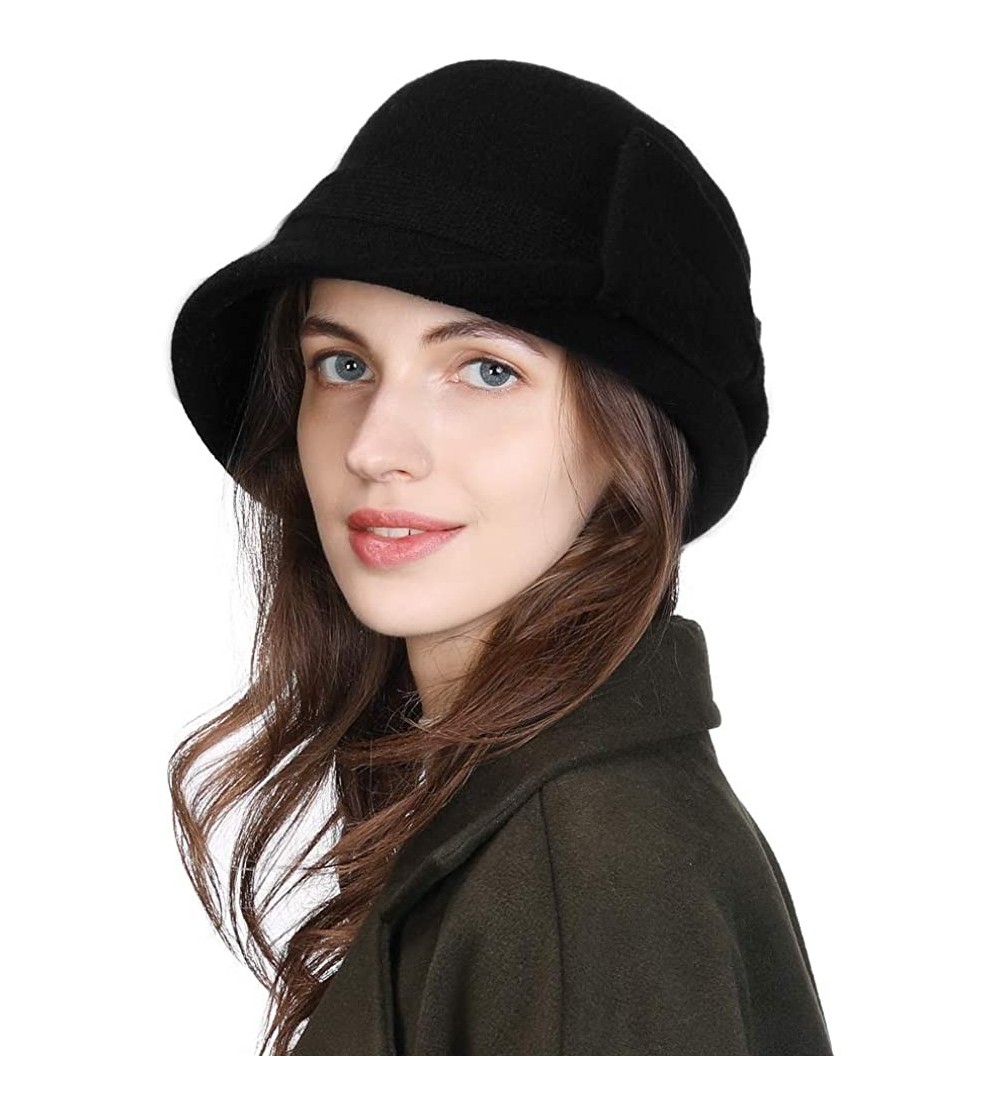 Bucket Hats Women Winter Wool Bucket Hat 1920s Vintage Cloche Bowler Hat with Bow/Flower Accent - 00767_black_36ol - CC18YCRC...