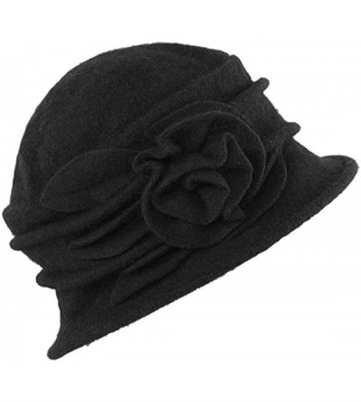 Fedoras Women's Floral Trimmed Wool Blend Cloche Winter Hat - Model a - Black - CI188TM4WKE $39.33