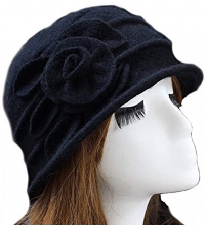 Fedoras Women's Floral Trimmed Wool Blend Cloche Winter Hat - Model a - Black - CI188TM4WKE $25.88