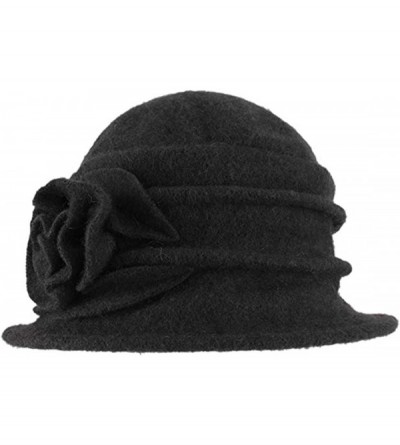 Fedoras Women's Floral Trimmed Wool Blend Cloche Winter Hat - Model a - Black - CI188TM4WKE $39.33
