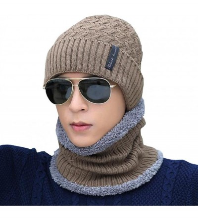 Skullies & Beanies Knit Warm Fleece Lined Skull Cap Beanie Hat - Khaki With Neck Warmer - C112O8DXJDC $17.02