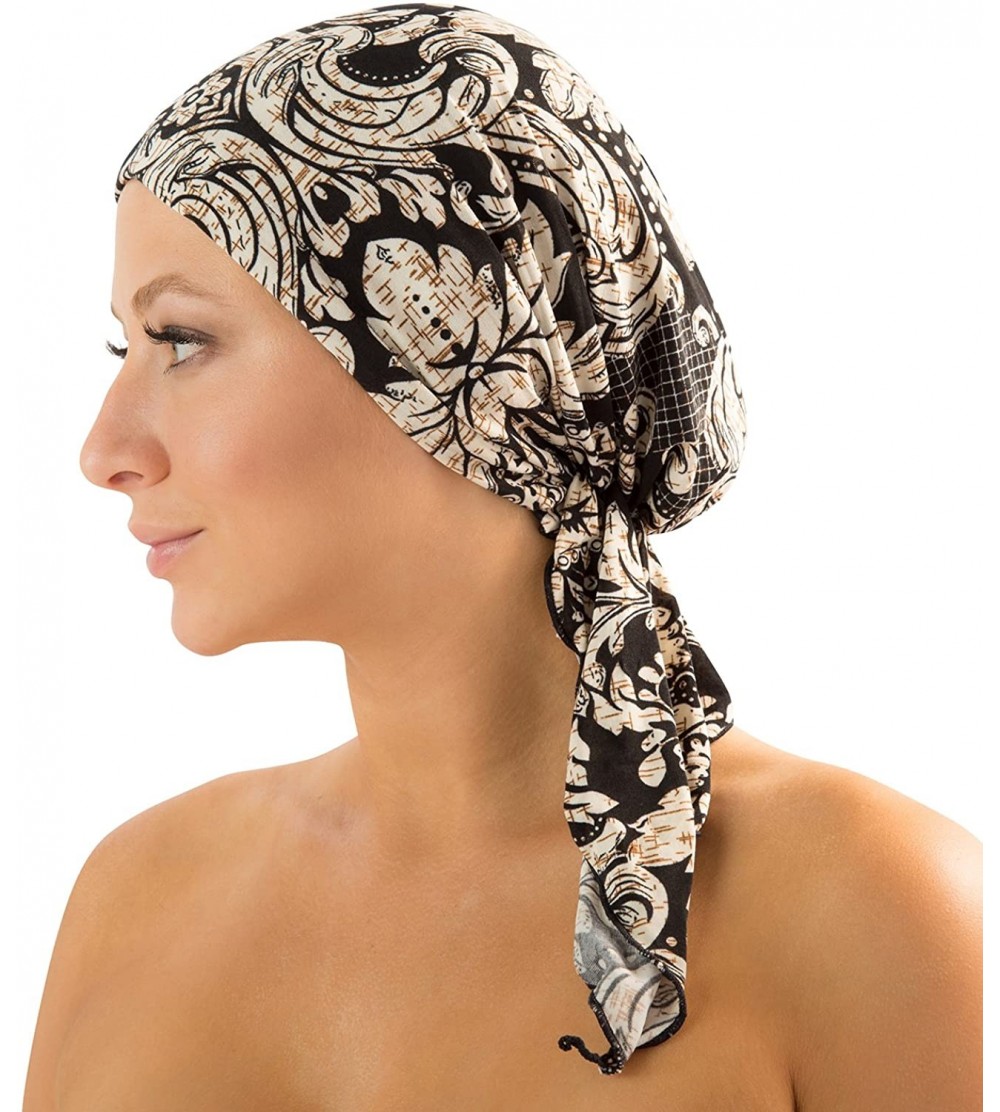 Skullies & Beanies Pre Tied Bandana Turban Chemo Head Scarf Sleep Hair Cover Hat - Black/Ivory/Brown - C312L9RCJNZ $17.71