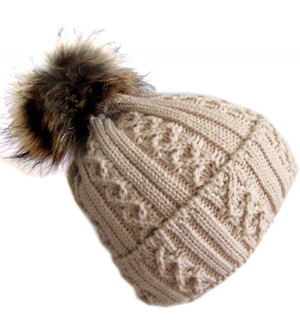 Skullies & Beanies Winter Women Asian Raccoon Pom Beanie Hat M-2013-340RN - Beige - CJ11KBGFQLD $33.04