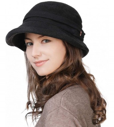 Bucket Hats Womens Winter Bucket Derby Gatsby Vintage 1920s Round Bowler Beret Church Hat Fall Black 56-59cm - CW18YM56RGZ $1...