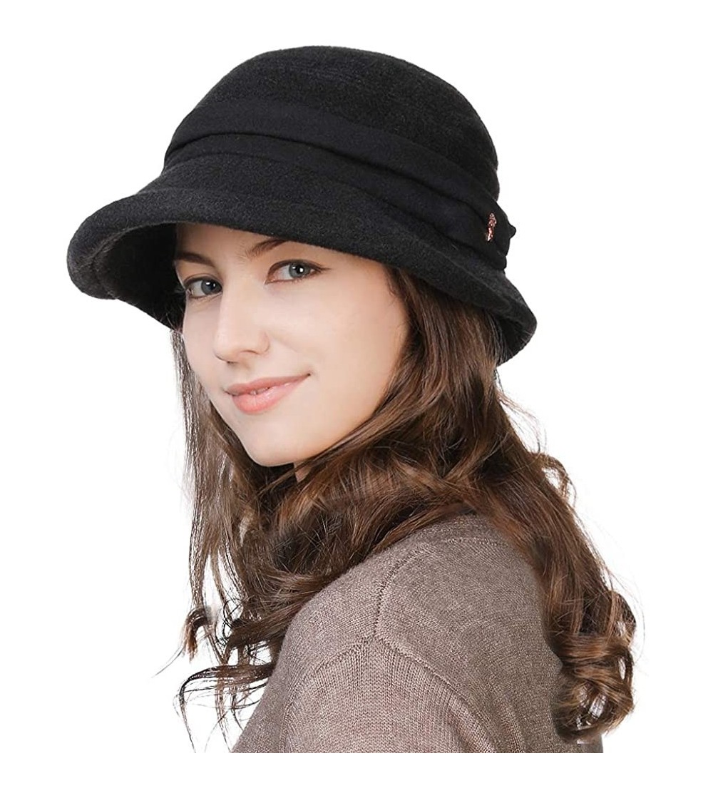 Bucket Hats Womens Winter Bucket Derby Gatsby Vintage 1920s Round Bowler Beret Church Hat Fall Black 56-59cm - CW18YM56RGZ $1...