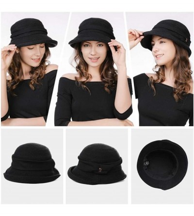 Bucket Hats Womens Winter Bucket Derby Gatsby Vintage 1920s Round Bowler Beret Church Hat Fall Black 56-59cm - CW18YM56RGZ $1...
