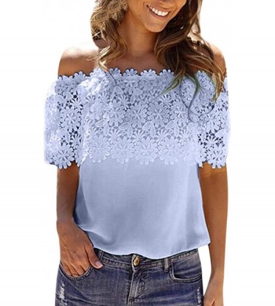 Headbands Women's Tops- Fold Lace Roysberry Off Shoulder Short Sleeve Blouses and Tops - Blue - CN18H0CX6KL $9.53