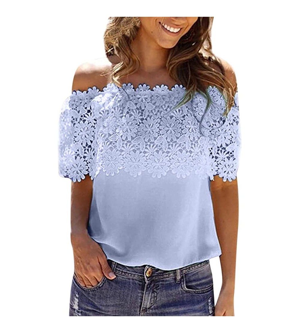 Headbands Women's Tops- Fold Lace Roysberry Off Shoulder Short Sleeve Blouses and Tops - Blue - CN18H0CX6KL $25.81