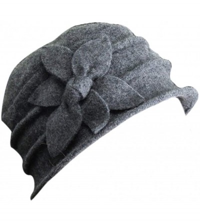 Fedoras Women 100% Wool Solid Color Round Top Cloche Beret Cap Flower Fedora Hat - 5 Khaki - CM186WYO76N $33.53