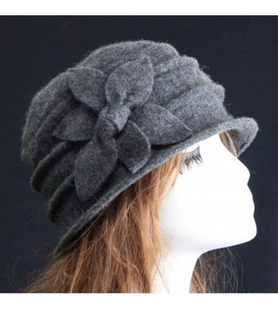 Fedoras Women 100% Wool Solid Color Round Top Cloche Beret Cap Flower Fedora Hat - 5 Khaki - CM186WYO76N $18.22