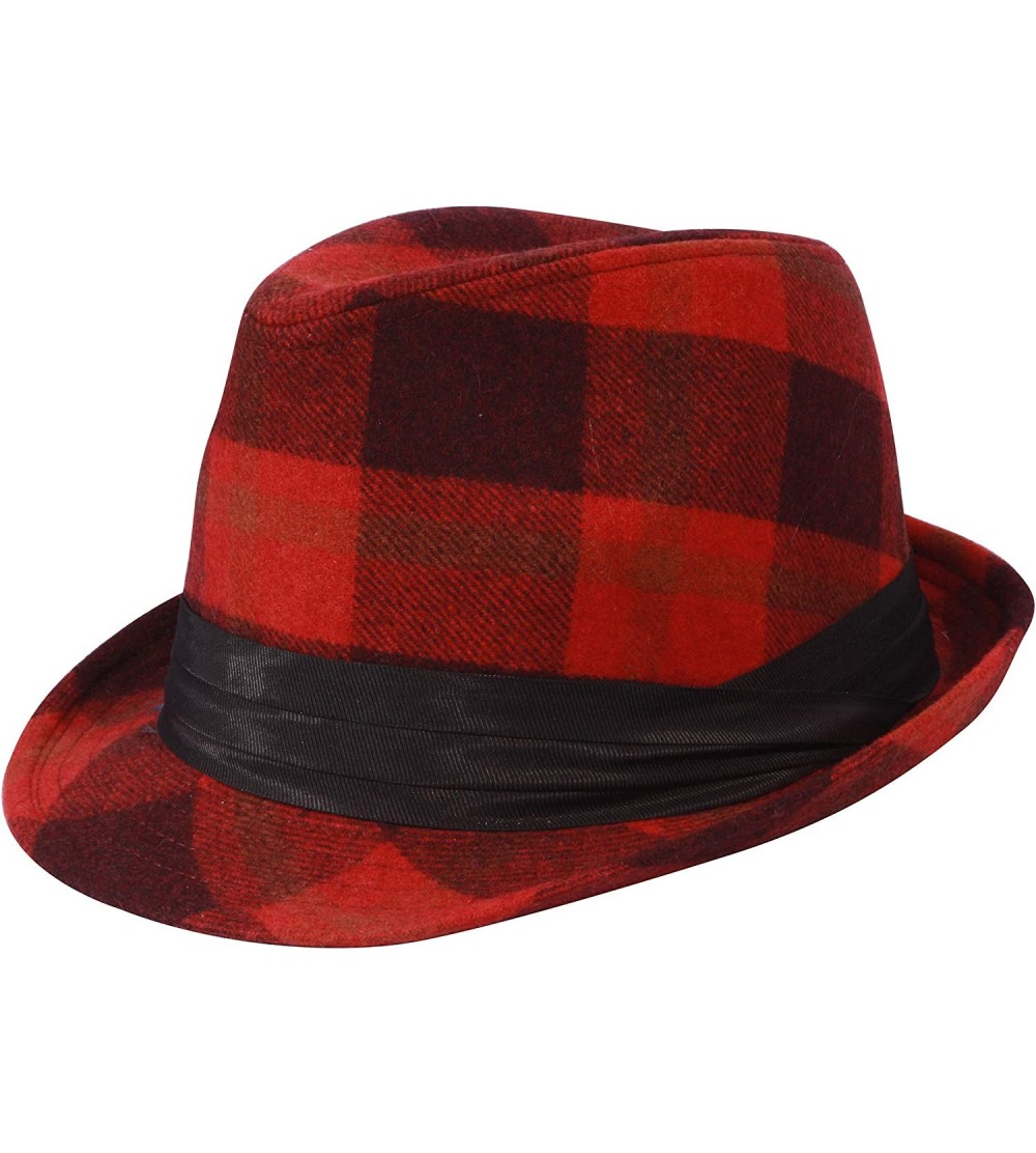 Fedoras Men's Women's Manhattan Structured Gangster Trilby Wool Fedora Hat Classic Timeless Light Weight - Red Checked - CJ18...