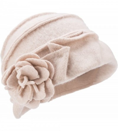 Berets Solid Color 1920s Womens 100% Wool Flower Winter Bucket Cap Beret Hat A376 - Ivory - CE12N17JMWK $11.72