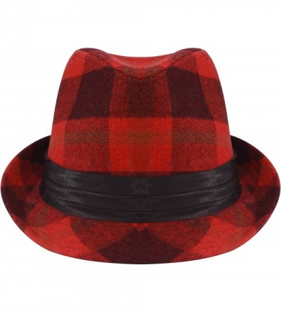 Fedoras Men's Women's Manhattan Structured Gangster Trilby Wool Fedora Hat Classic Timeless Light Weight - Red Checked - CJ18...