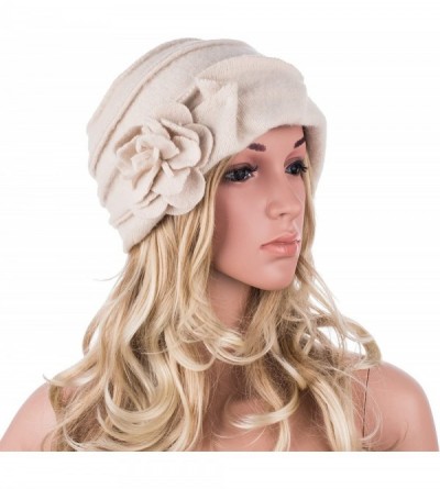 Berets Solid Color 1920s Womens 100% Wool Flower Winter Bucket Cap Beret Hat A376 - Ivory - CE12N17JMWK $11.72
