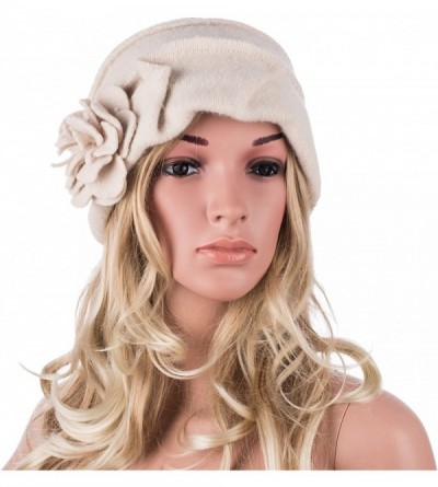 Berets Solid Color 1920s Womens 100% Wool Flower Winter Bucket Cap Beret Hat A376 - Ivory - CE12N17JMWK $11.72